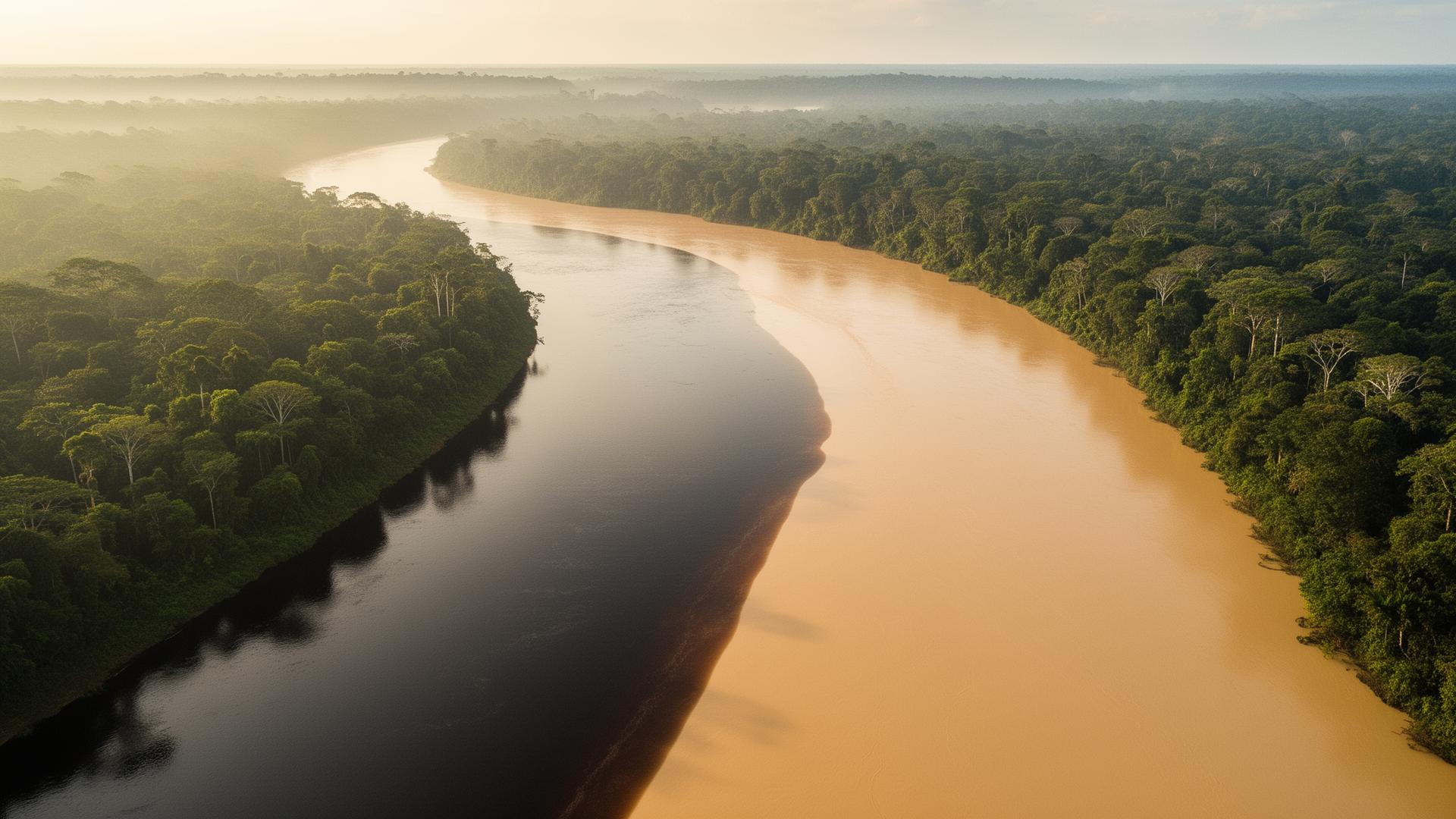 Floresta amazônica ao amanhecer com luz dourada filtrada pelas árvores
